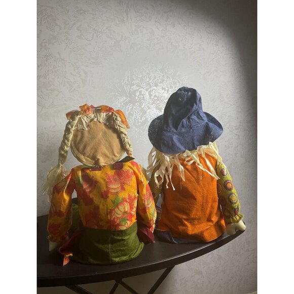 Cute Autumn-Themed Scarecrow Dolls Pair With Braids & Hat For Home Decor - Picture 2 of 2